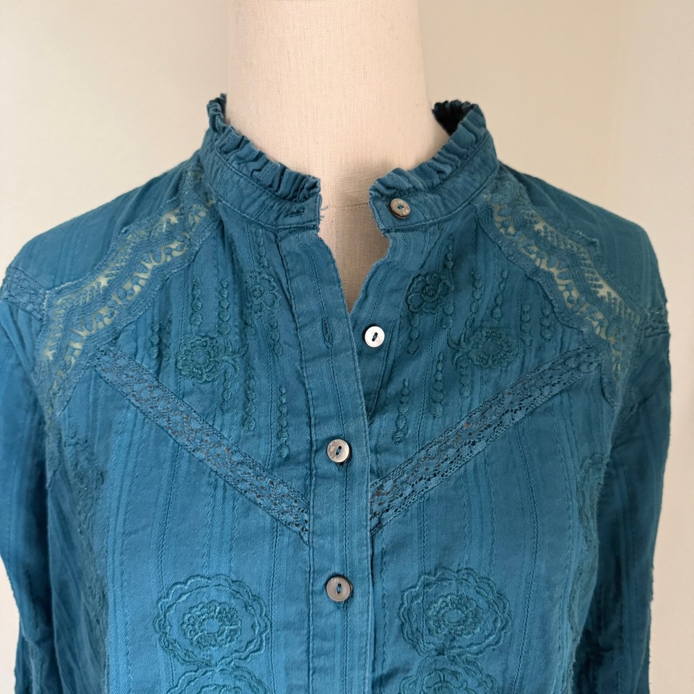Sundance Blue Embroidered Cotton Boho Blouse Lace Ruffle Large Cottagecore - Picture 2 of 10